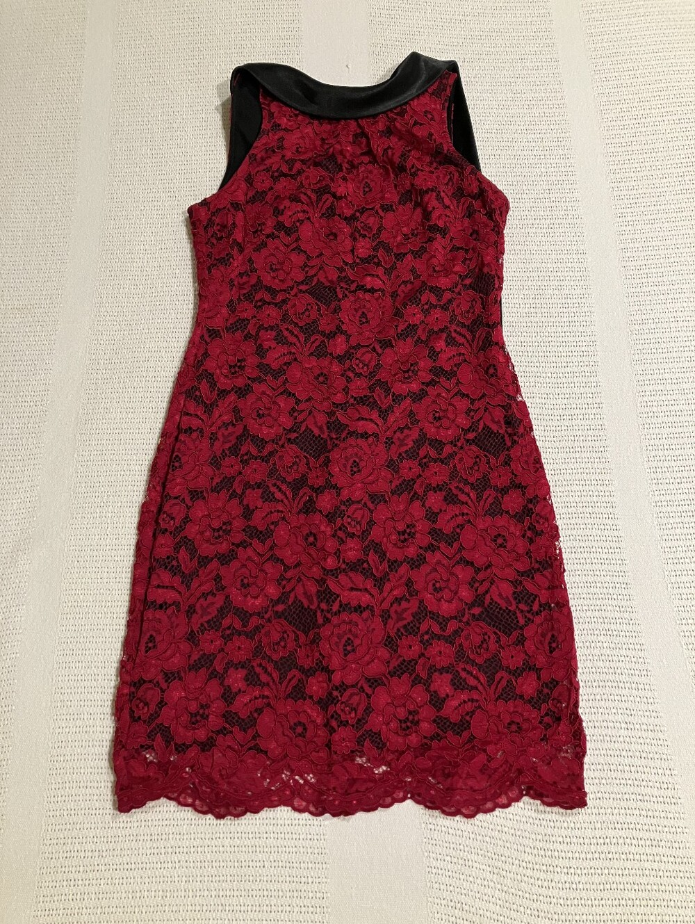 Red Lace Sheath Dress with Black Trim